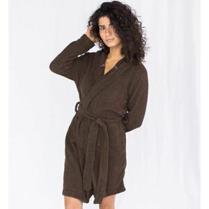 Mina Lisa Feather Knit Hooded Lounge Robe in Cocoa S